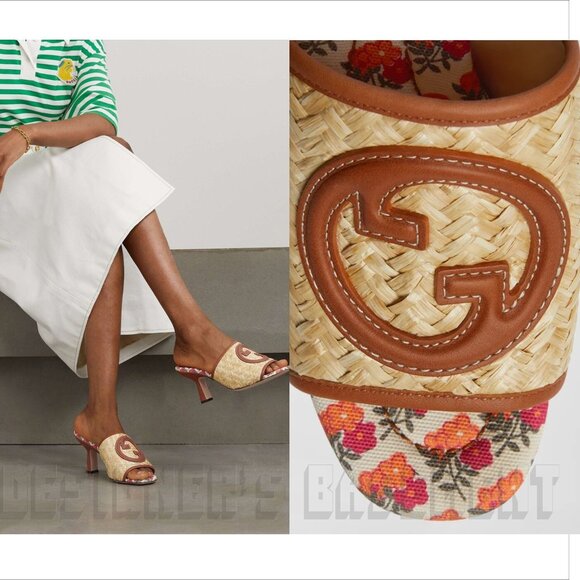 GUCCI Mabel Raffia 37.5EU-7.5US leather Interlocking GG Slide heel Sandals shoes - Picture 6 of 10